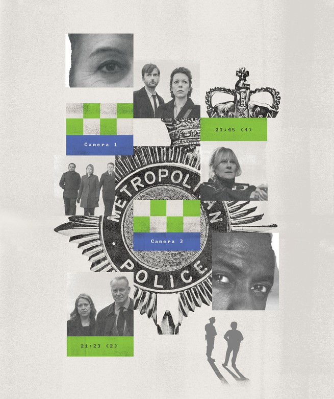 Illustration collage of images from British police shows and badge