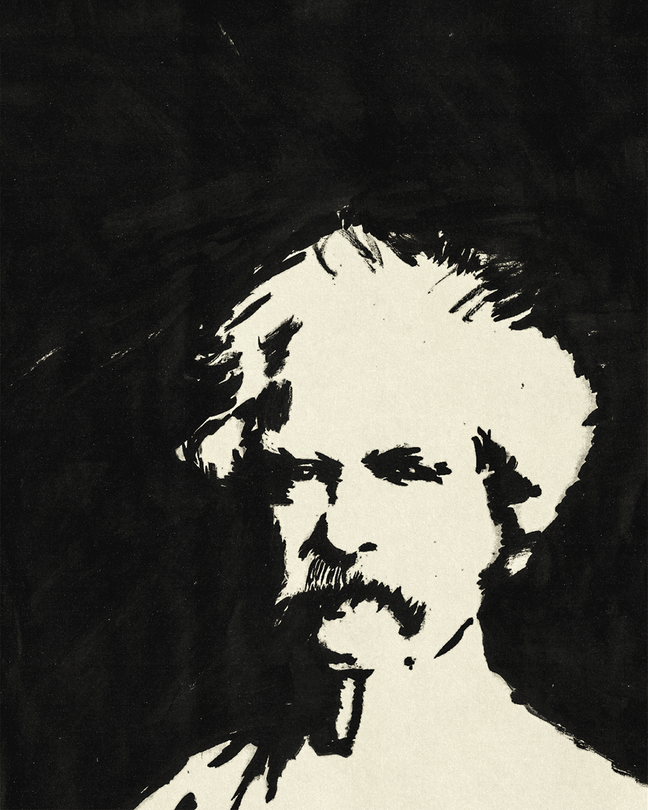 illustration of black-and-white ink sketch of Mark Twain