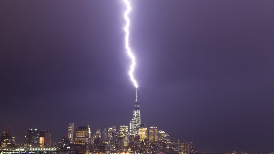 Lightning strikes One World Trade Center in New York.