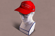 An illustration of a marble bust of a head wearing a MAGA hat.