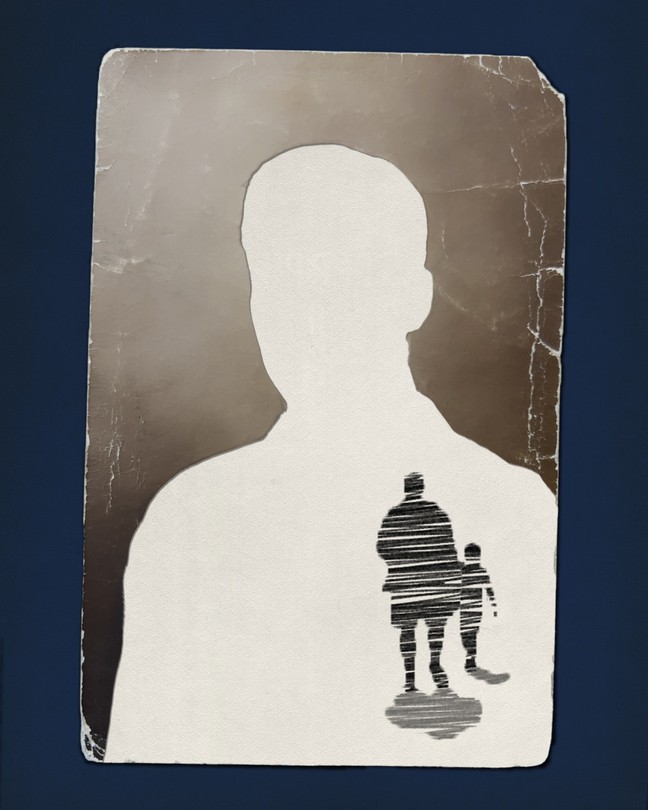 Vintage image of a man cut out, revealing a silhouette of a father and son.