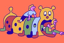 A mom trapped inside a caterpillar-tunnel toy, beneath her playing children