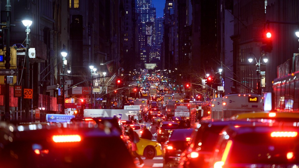 Cars in a nighttime traffic jam in New York City
