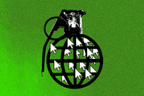 Collage of a grenade filled with computer cursors, on a green background