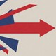 A fractured British flag with an arrow pointing right