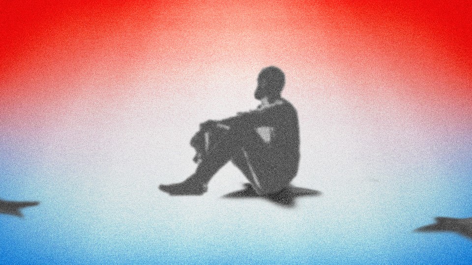 The silhouette of a person sitting on the shadow of a black star, with other shadow stars nearby. The background is a diffuse red, white, and blue.