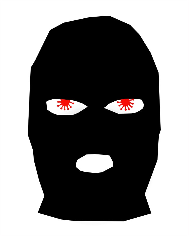 A black ski mask with coronaviruses replacing eyes