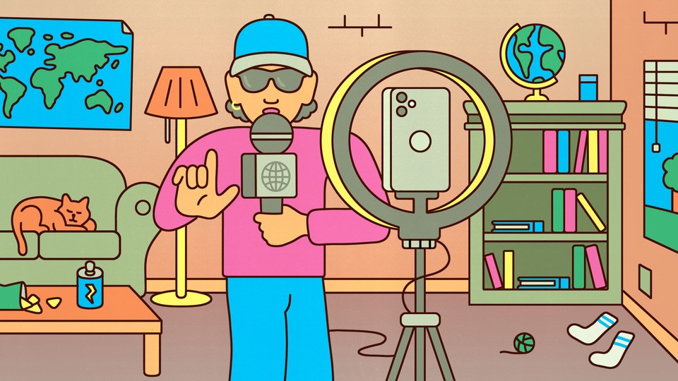 Illustration of an influencer speaking to their smartphone on a tripod with a ring light around it in their home