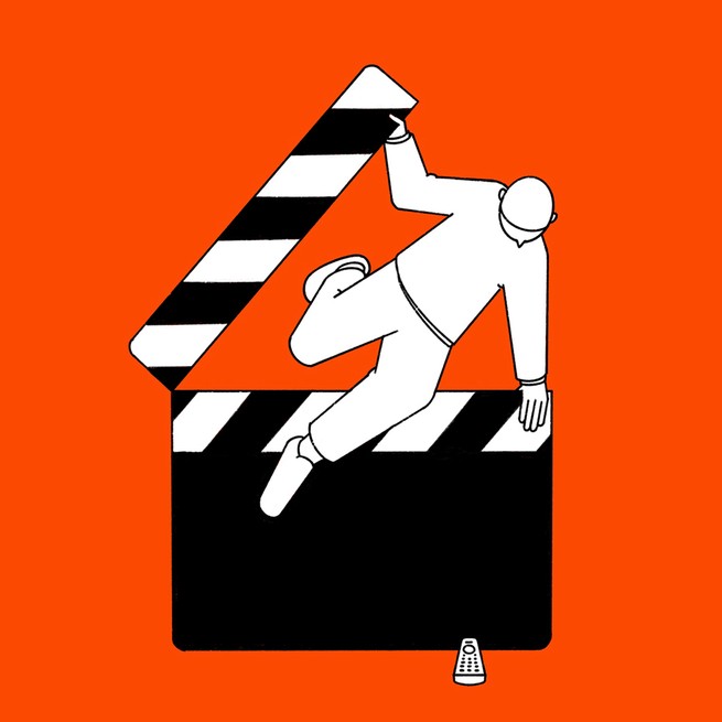 illustration of person hurdling over film clapperboard