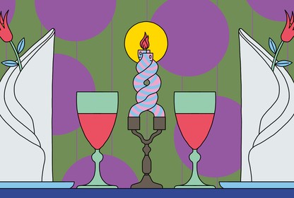 A colorful illustration of a dinner table with two wine classes and a two candles intertwined