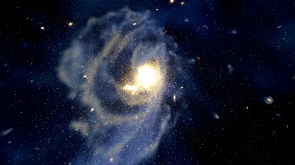 A computer rendering of a spiral galaxy like the Milky Way taking shape