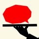 A cutout illustration of a red speech bubble served over a platter; a black silhouette is holding the platter