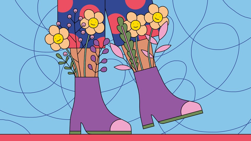 A person's legs clad in polka-dot pants and purple boots, while smiling flowers grow out of the boots