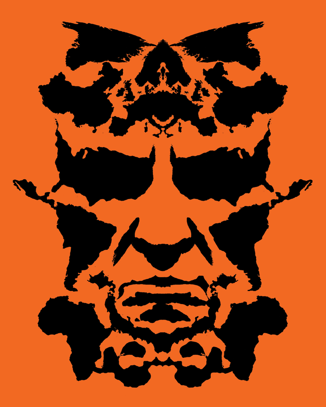 a black-ink Rorschach-test style illustration of Donald Trump's face made from the outlines of the continents, set on an orange background