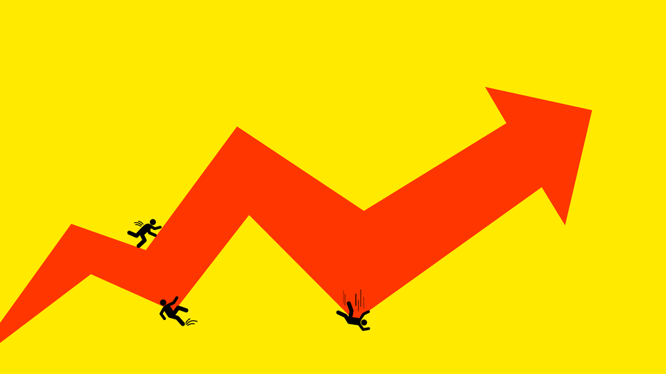 An illustration of a spiking chart with people.