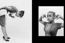 Two black-and-white pictures of women trying cures for hiccups: drinking water in a weird position, covering ears while holding breath.