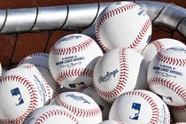 Warm-up baseballs on the field before the game between the Washington Nationals and the New York Mets at Nationals Park on March 28, 2019