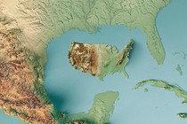 An illustration showing a topographical map of a small United States floating in the middle of the Gulf of Mexico.