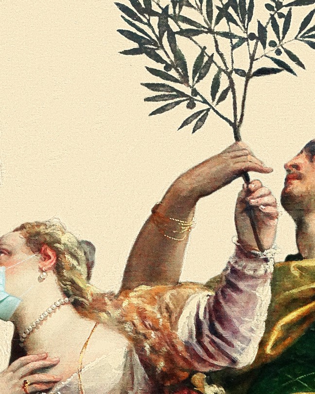 Close-up picture of painting in which a woman and a man are both holding the same olive branch. The woman wears a medical mask.