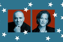 On a deep blue background a photo of the hosts are centered among falling stars.