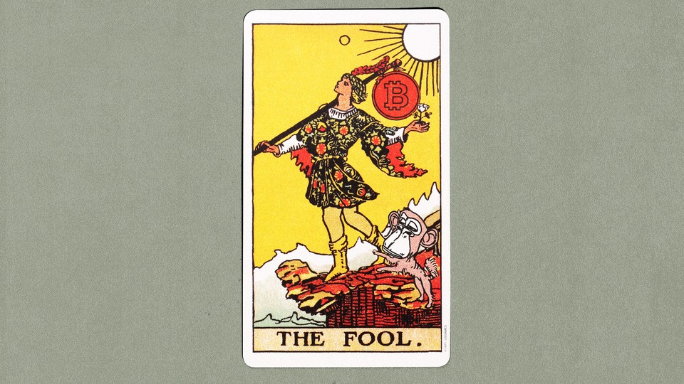 THE FOOL tarot card, with a Bored Ape head and bitcoin symbol