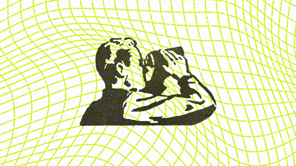 A man looking through binoculars, superimposed on a wavy grid