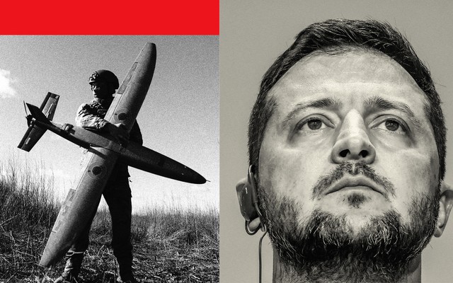 A collage of Zelensky and a Ukranian military soldier holding a Ukranian made drone