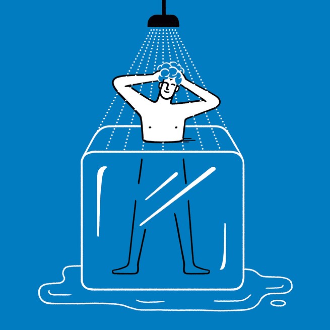 Illustration of man showering in ice cube