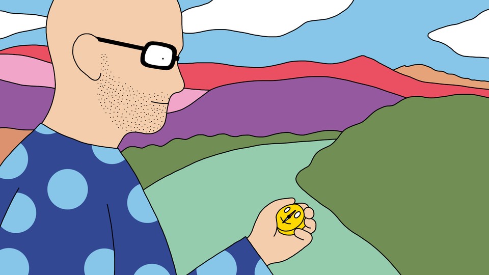 A drawing of a person walking down a path through the mountains, looking at a compass with a smiley-face design