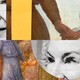 A collage of Margaret Atwood's face in black and white interspersed with paintings in color of people holding hands