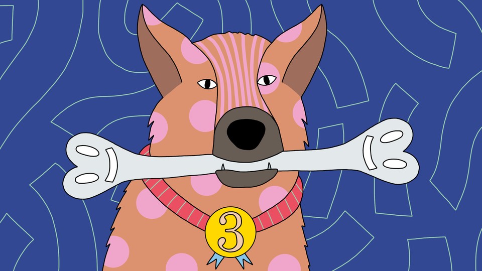 An illustration of a dog holding a bone in its mouth and wearing a third-place medal on its collar
