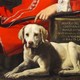 Painting of a pre-Industrial Revolution nobleman reclining next to a yellow labrador retriever