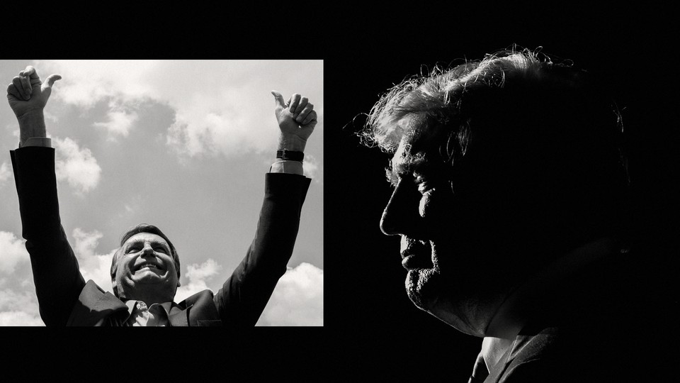 Photo illustration with Jair Bolsonaro raising his hands and a profile of Donald Trump