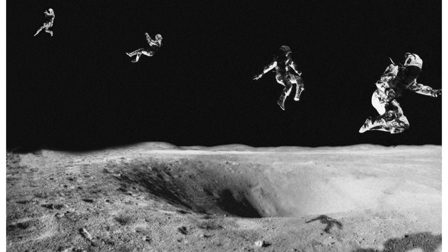 A series of astronauts floating through a dark expanse of space over a moon-like, cratered surface