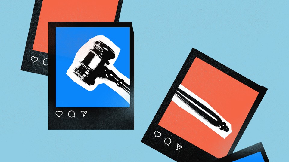 Scattered, cut-out Instagram-like posts depicting a gavel on a red and blue background