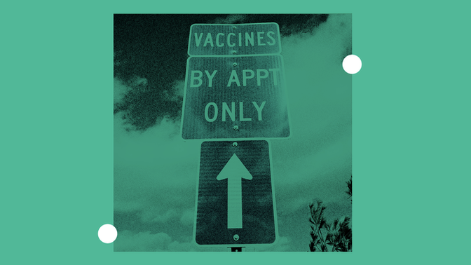 Arrow pointing to sign that says "vaccines by appointment only"