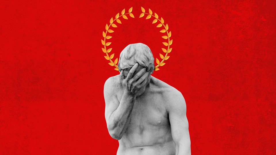 A man sculpted out of stone puts his hand over his face. A gold laurel wreath is around his head. The image is set against a red background.
