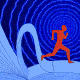 a figure running over an opened book turning its pages