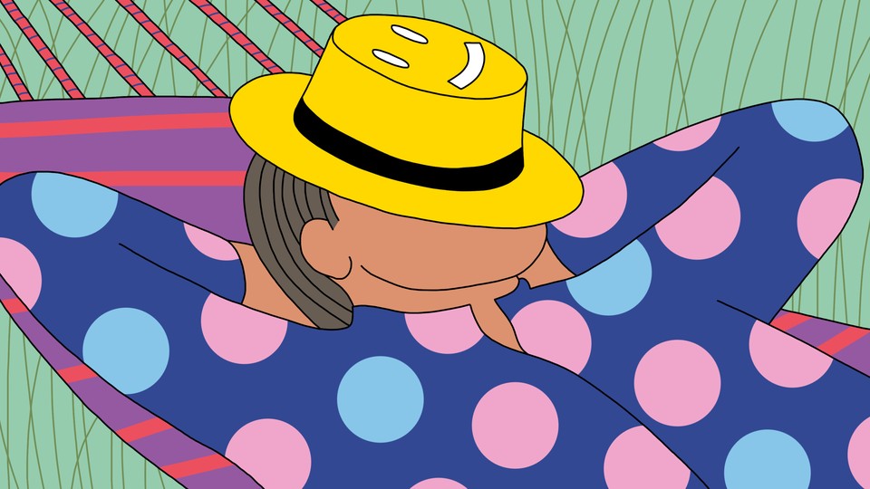 Illustration of a person reclining in a hammock, with their face covered by a hat with a smiley-face design