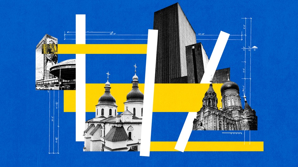 A collage of black and white photos of Kyiv's landmarks and yellow and white rectangles against a blue background