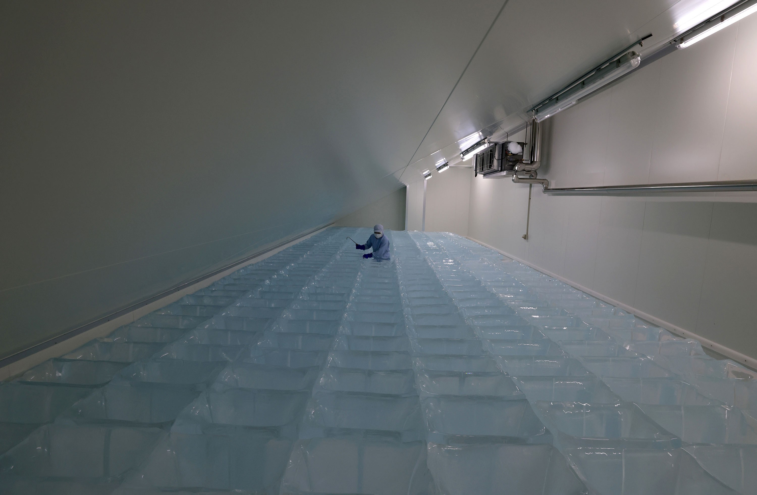 A worker moves through a refrigerated storage space filled with large blocks of ice.