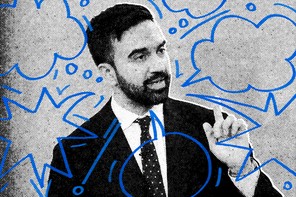 An illustration of Zohran Mamdani speaking with sketches of thought bubbles.