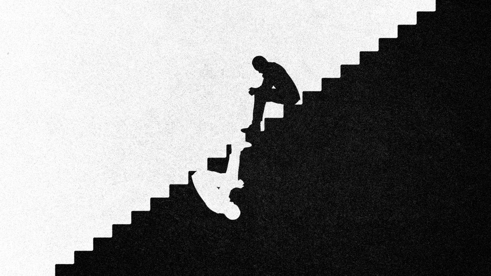 Illustration of two men sitting in opposite directions on a black-and-white set of stairs