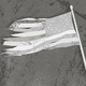 A tattered black-and-white American flag lying on the ground