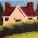 A stylized painting of a red and white house on greenery