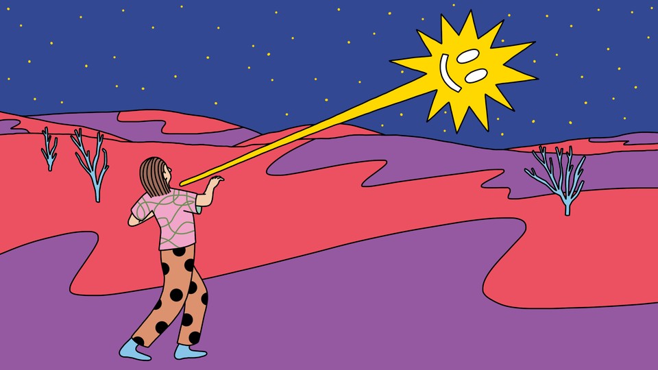 Illustration of a person walking in a red and purple sand desert following a bright yellow star in the night sky with a smiley face