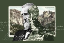 A collage of John Muir against a forest-green background and images of mountains and a Native American person