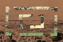 A collage of maps, faces, and an Arab landscape