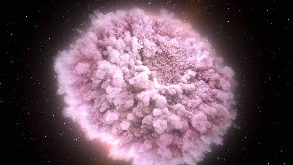 An illustration of the cloud of debris surrounding two neutron stars just before they collide