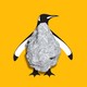 An illustration of a penguin with a small, rocky asteroid in front of its torso, with a mustard-yellow background